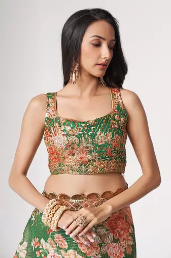 Green Sequins Embroidery On Digital Printed Organza Traditional Saree