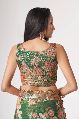 Green Sequins Embroidery On Digital Printed Organza Traditional Saree 4