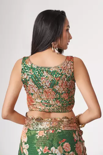 Green Sequins Embroidery On Digital Printed Organza Traditional Saree