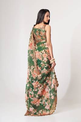 Green Sequins Embroidery On Digital Printed Organza Traditional Saree 5