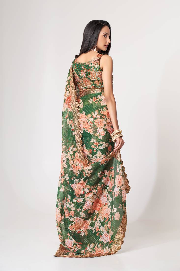 Green Sequins Embroidery On Digital Printed Organza Traditional Saree