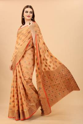 Korams Design Peach Designer Cotton LInen Woven Saree With Blouse For Women 1