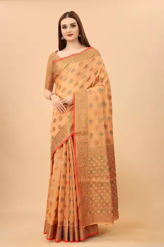 Korams Design Peach Designer Cotton LInen Woven Saree With Blouse For Women