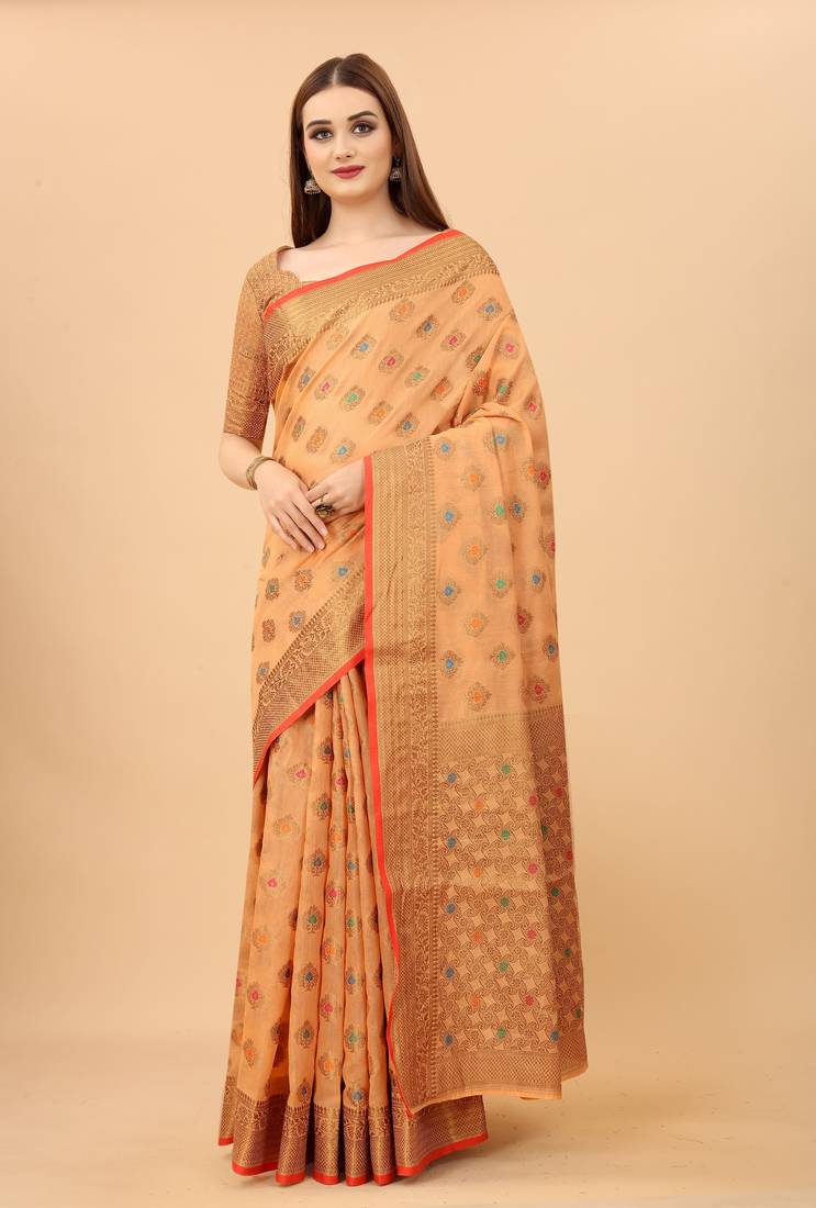 Korams Design Peach Designer Cotton LInen Woven Saree With Blouse For Women
