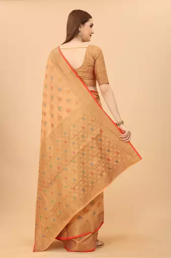 Korams Design Peach Designer Cotton LInen Woven Saree With Blouse For Women