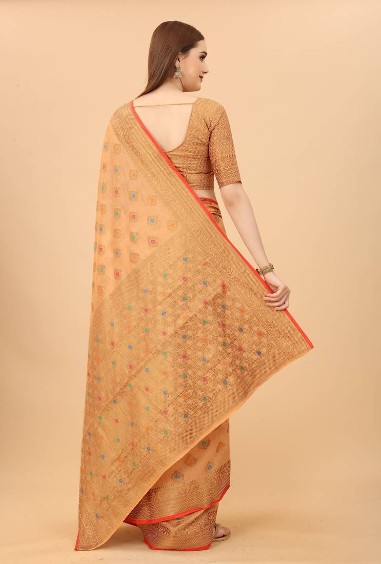 Korams Design Peach Designer Cotton LInen Woven Saree With Blouse For Women