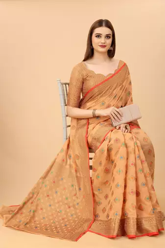 Korams Design Peach Designer Cotton LInen Woven Saree With Blouse For Women