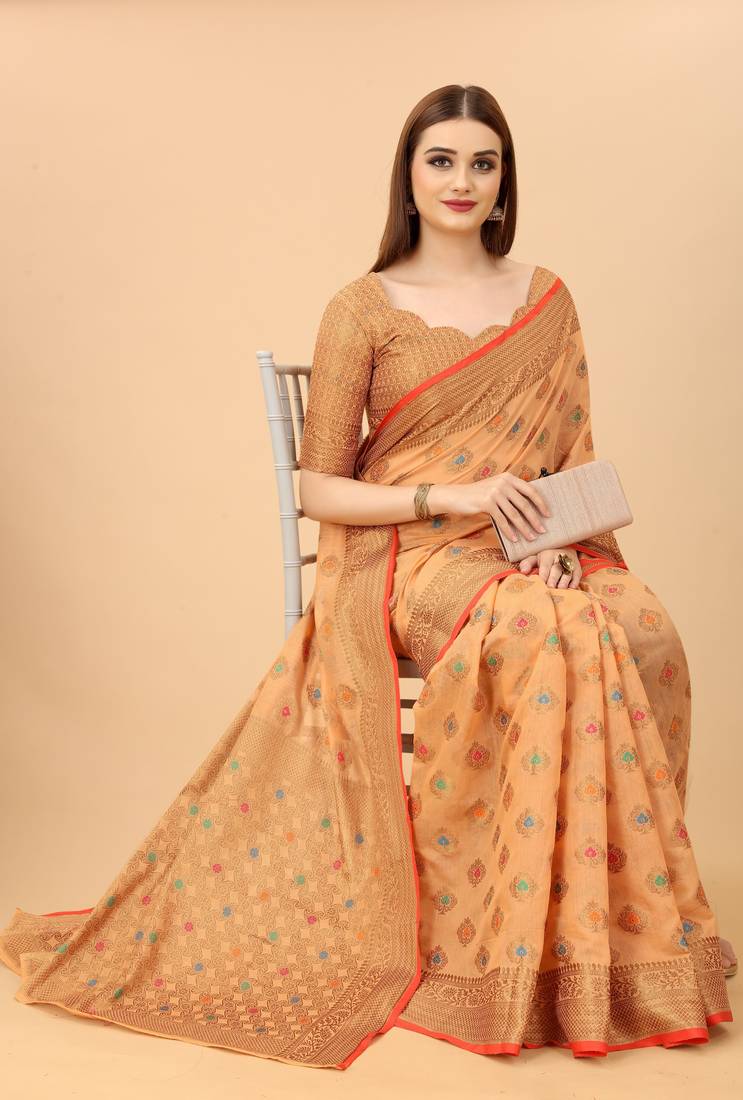Korams Design Peach Designer Cotton LInen Woven Saree With Blouse For Women