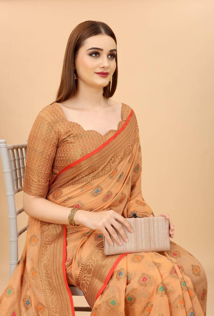 Korams Design Peach Designer Cotton LInen Woven Saree With Blouse For Women