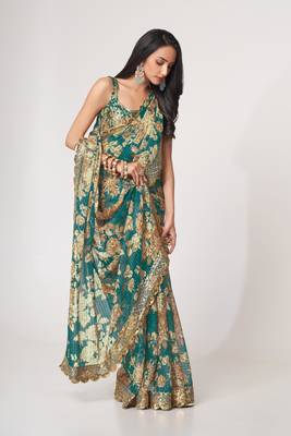 Fetching Teal Blue Sequins Embroidery On Digital Printed Organza Party Wear Designer Saree 1