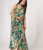 Fetching Teal Blue Sequins Embroidery On Digital Printed Organza Party Wear Designer Saree