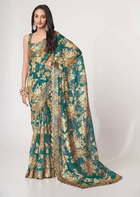 Deep Teal green features antique gold floral prints and Richly covered with gold sequin embroidered saree 1