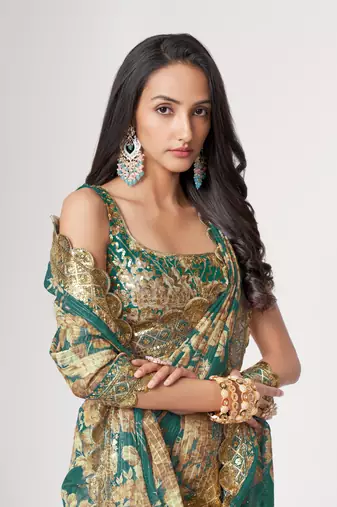 Fetching Teal Blue Sequins Embroidery On Digital Printed Organza Party Wear Designer Saree