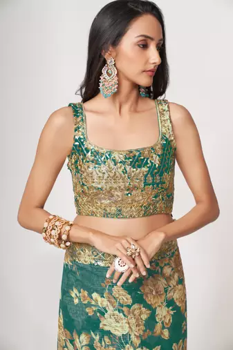 Fetching Teal Blue Sequins Embroidery On Digital Printed Organza Party Wear Designer Saree