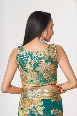 Fetching Teal Blue Sequins Embroidery On Digital Printed Organza Party Wear Designer Saree 4