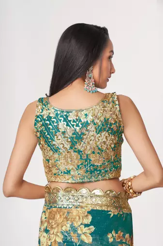 Fetching Teal Blue Sequins Embroidery On Digital Printed Organza Party Wear Designer Saree