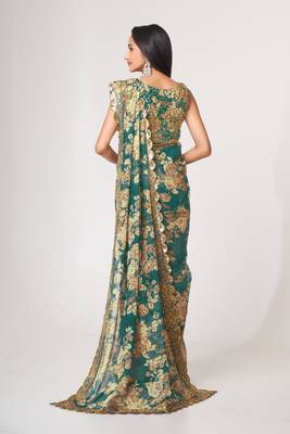 Fetching Teal Blue Sequins Embroidery On Digital Printed Organza Party Wear Designer Saree 5