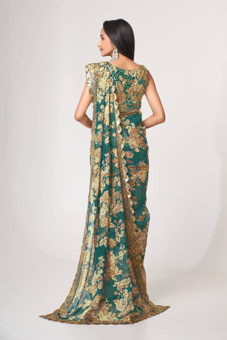 Fetching Teal Blue Sequins Embroidery On Digital Printed Organza Party Wear Designer Saree