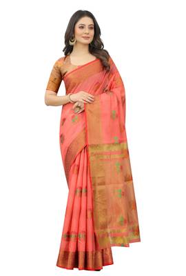 Pink Designer Cotton LInen Woven Saree With Blouse For Women 1