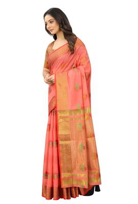 Pink Designer Cotton LInen Woven Saree With Blouse For Women 2