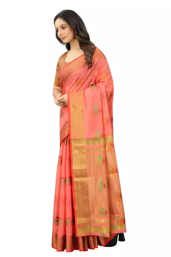 Pink Designer Cotton LInen Woven Saree With Blouse For Women