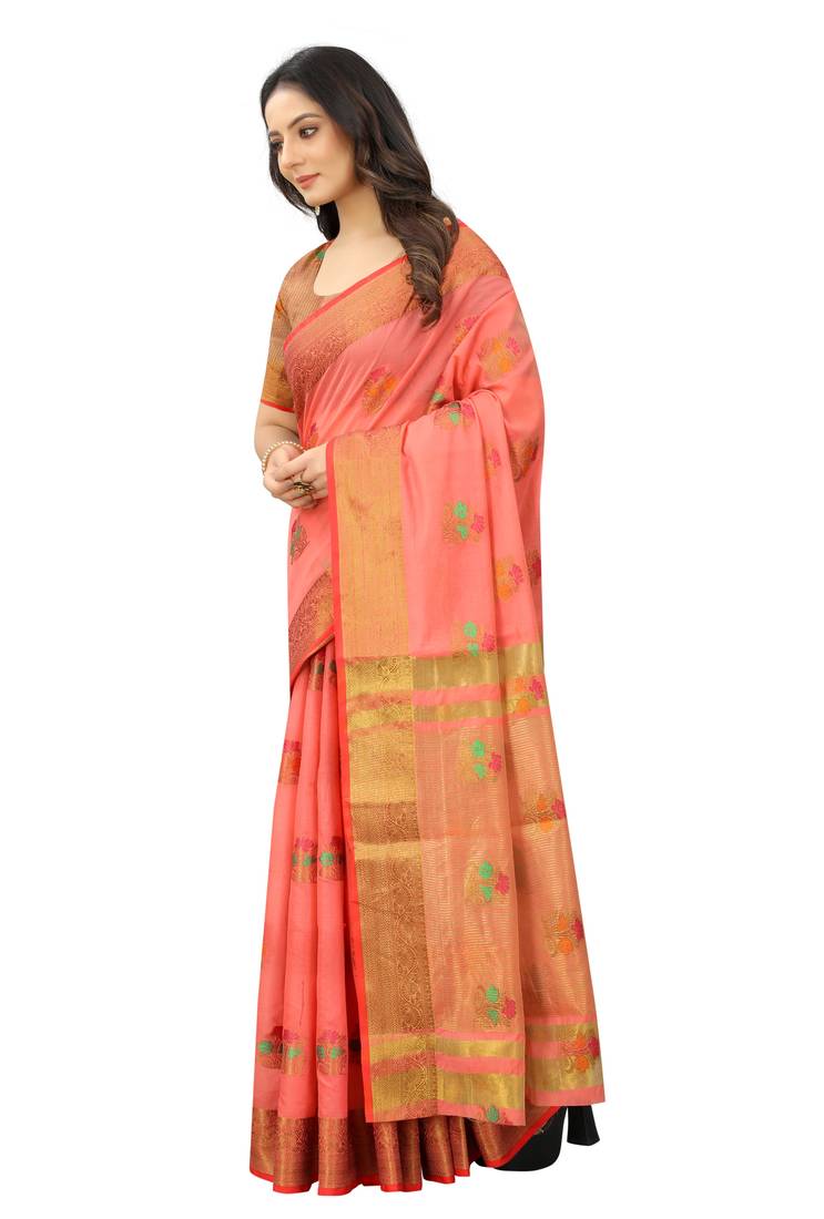 Korams Design Pink Designer Cotton LInen Woven Saree With Blouse For Women