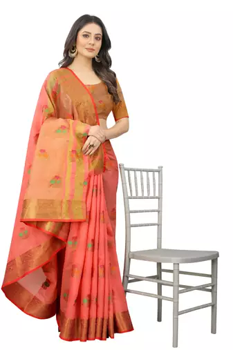 Pink Designer Cotton LInen Woven Saree With Blouse For Women