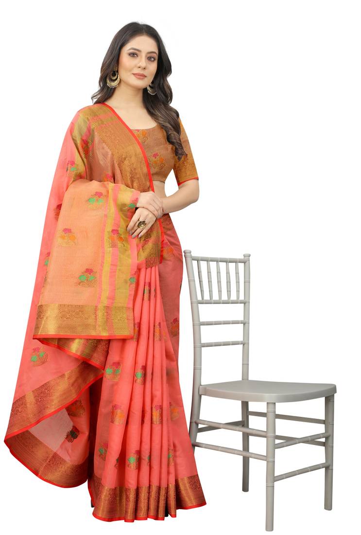 Korams Design Pink Designer Cotton LInen Woven Saree With Blouse For Women