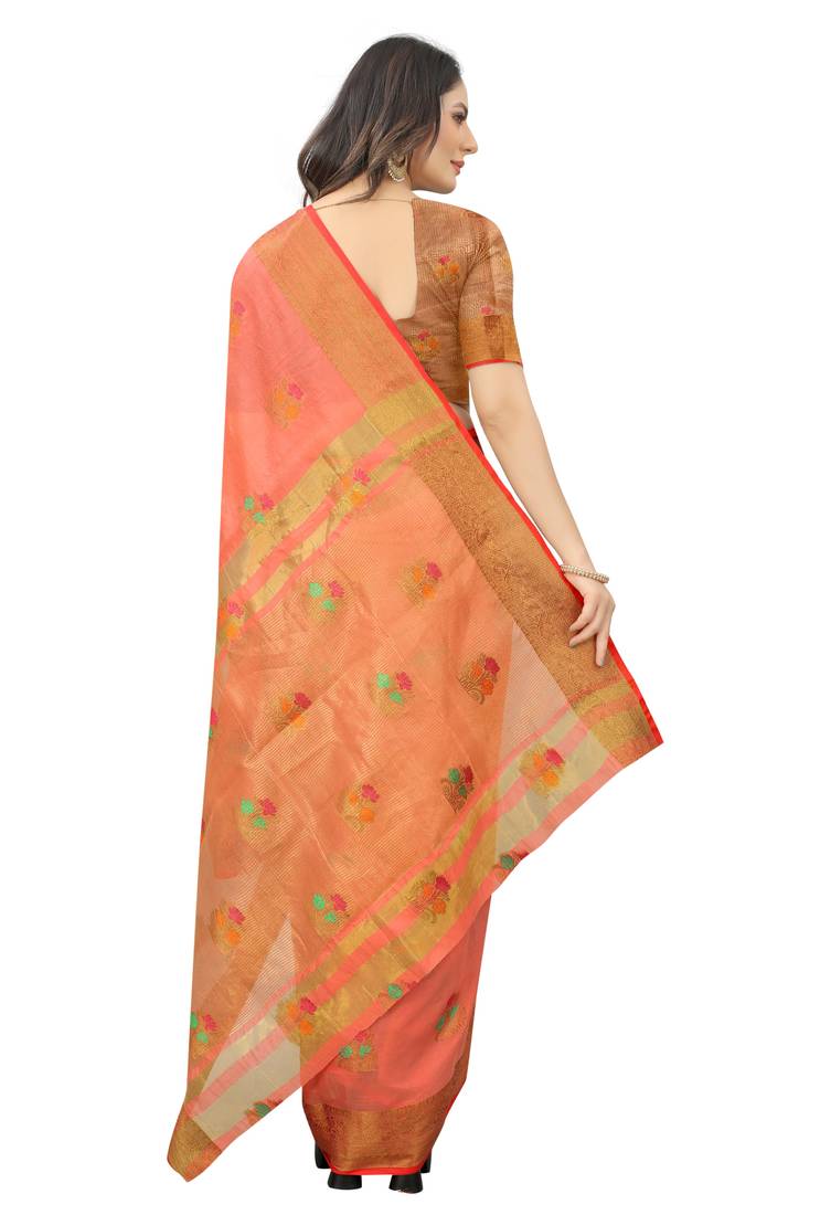 Korams Design Pink Designer Cotton LInen Woven Saree With Blouse For Women