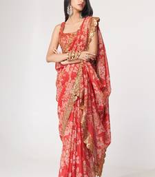  Red Sequins Embroidery On Digital Printed Organza Saree