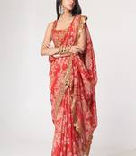  Red Sequins Embroidery On Digital Printed Organza Saree