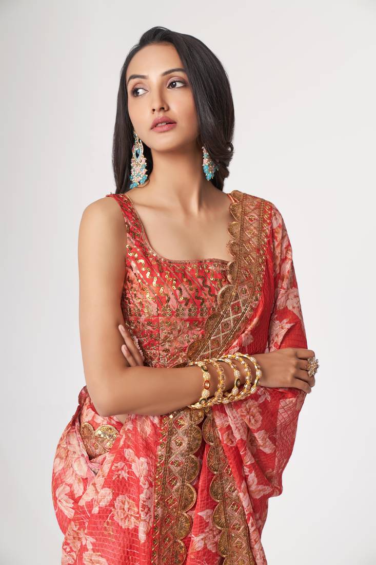  Red Sequins Embroidery On Digital Printed Organza Saree