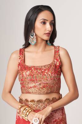  Red Sequins Embroidery On Digital Printed Organza Saree 3