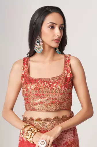  Red Sequins Embroidery On Digital Printed Organza Saree