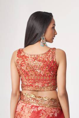  Red Sequins Embroidery On Digital Printed Organza Saree 4