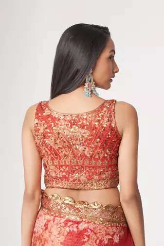  Red Sequins Embroidery On Digital Printed Organza Saree
