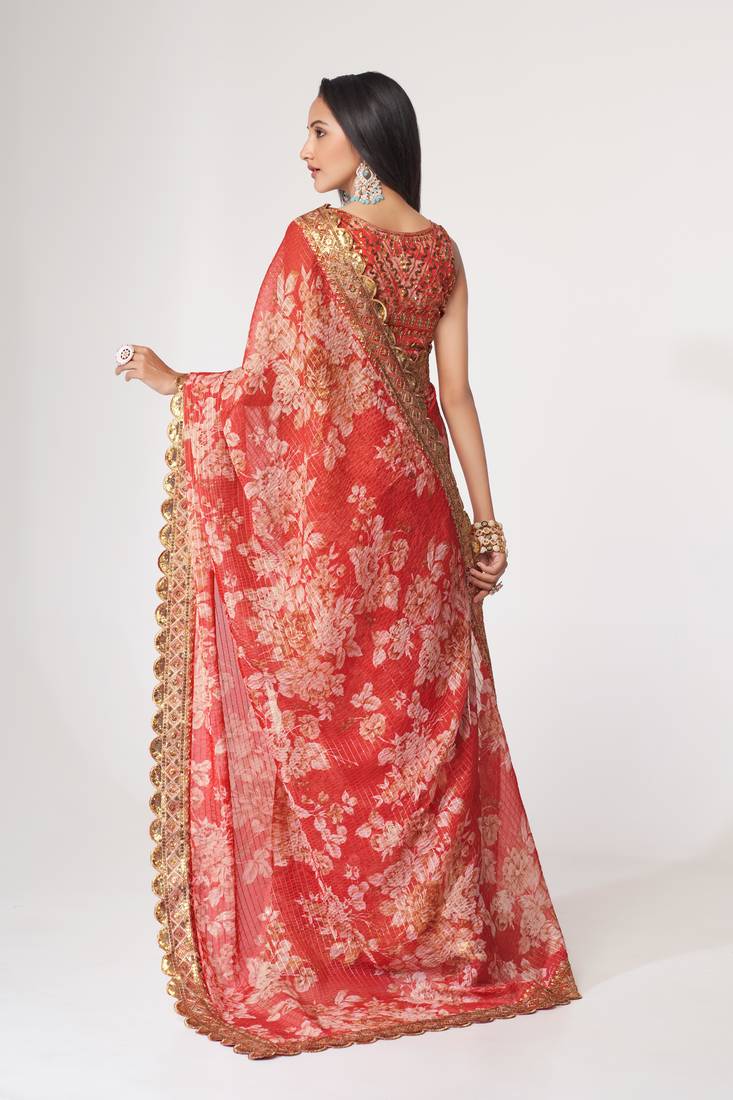  Red Sequins Embroidery On Digital Printed Organza Saree