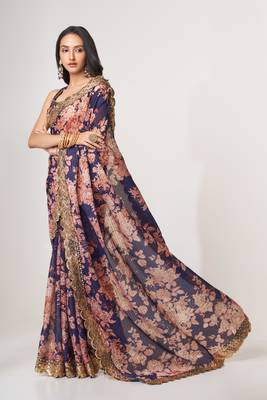 Purple Sequins Embroidery On Digital Printed Organza Saree With Blouse 1