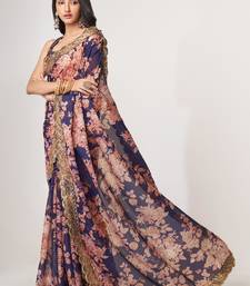 Purple Sequins Embroidery On Digital Printed Organza Saree With Blouse