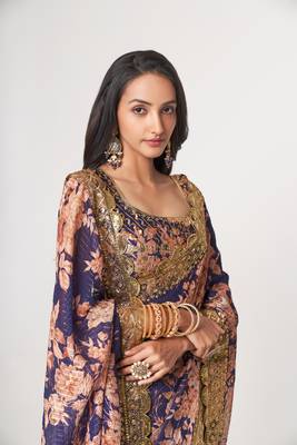 Purple Sequins Embroidery On Digital Printed Organza Saree With Blouse 2