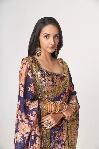Purple Sequins Embroidery On Digital Printed Organza Saree With Blouse