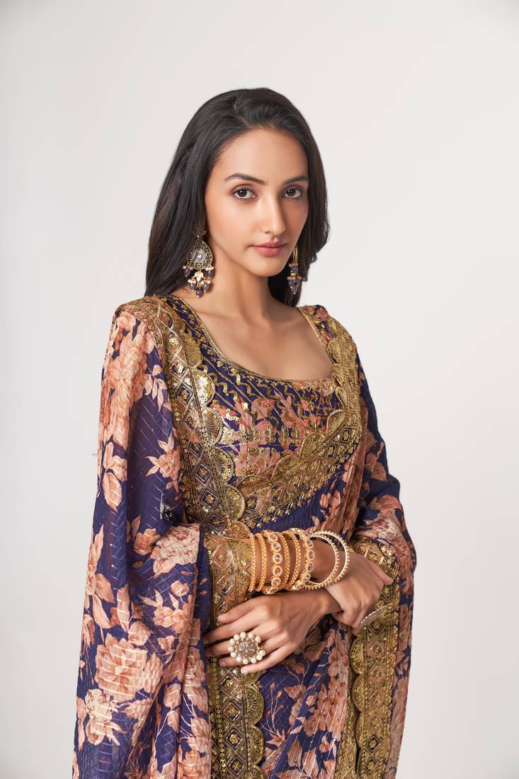 Purple Sequins Embroidery On Digital Printed Organza Saree With Blouse