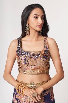 Purple Sequins Embroidery On Digital Printed Organza Saree With Blouse 3