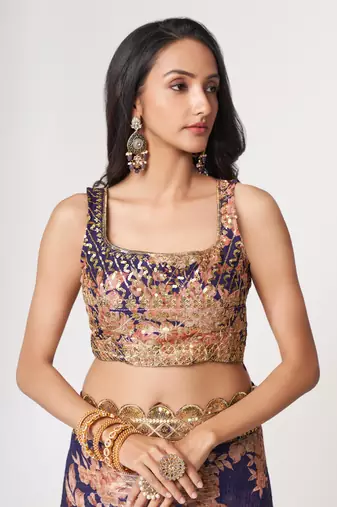 Purple Sequins Embroidery On Digital Printed Organza Saree With Blouse