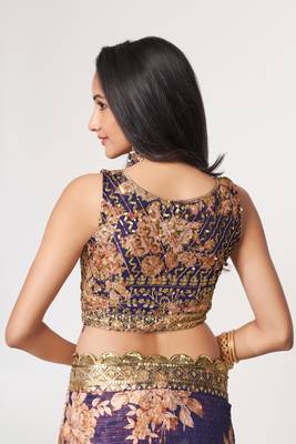 Purple Sequins Embroidery On Digital Printed Organza Saree With Blouse 4