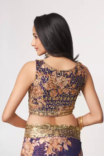 Purple Sequins Embroidery On Digital Printed Organza Saree With Blouse