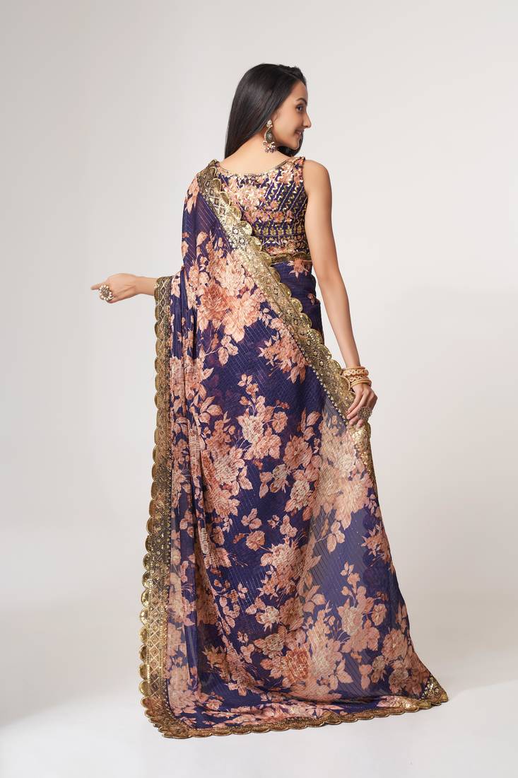 Purple Sequins Embroidery On Digital Printed Organza Saree With Blouse