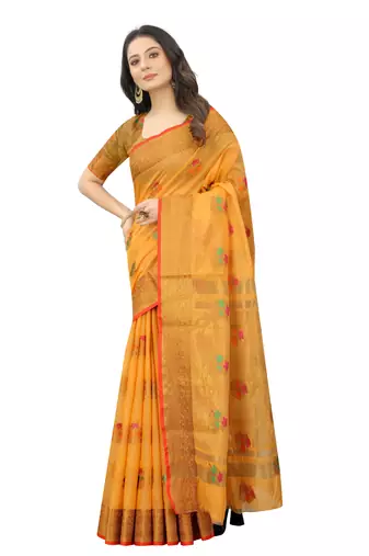 Yellow Designer Cotton Chanderi Woven Saree With Blouse For Women