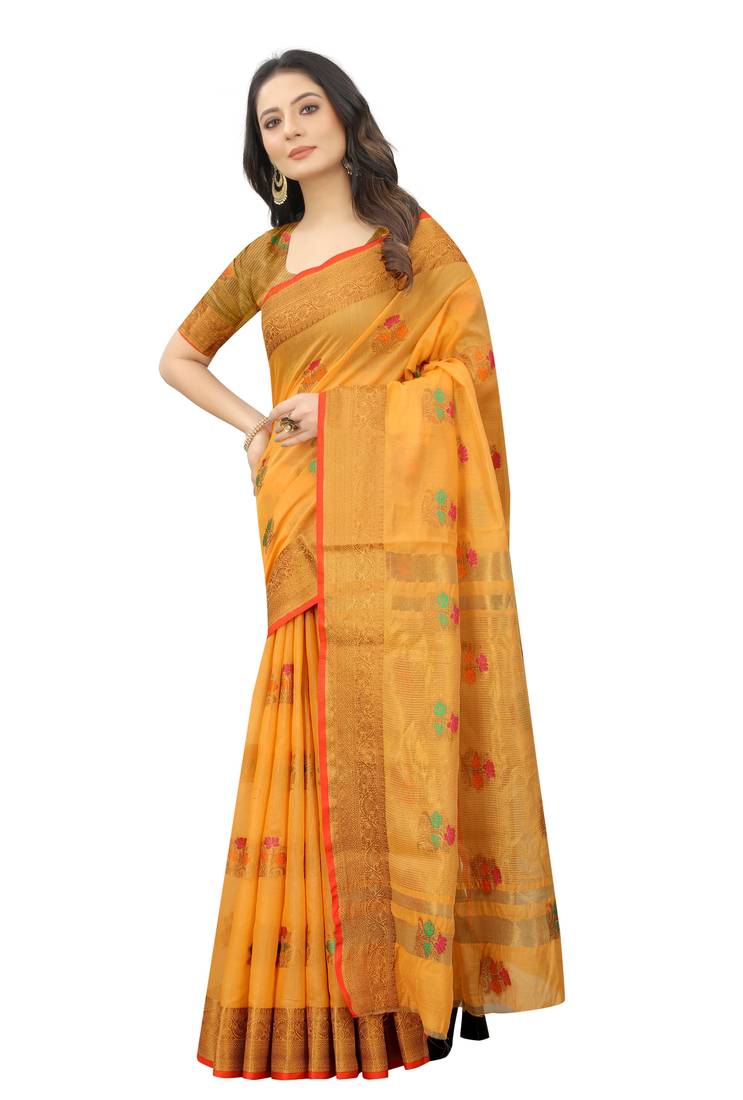 Korams Design Yellow Designer Cotton Chanderi Woven Saree With Blouse For Women