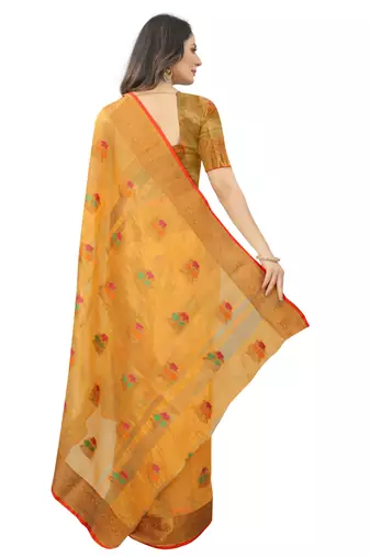 Yellow Designer Cotton Chanderi Woven Saree With Blouse For Women